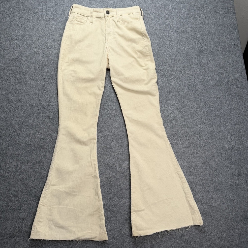 Hollister Women's 00R W23 L28 High-Rise Flare Corduroy Pants Cream Raw Hem